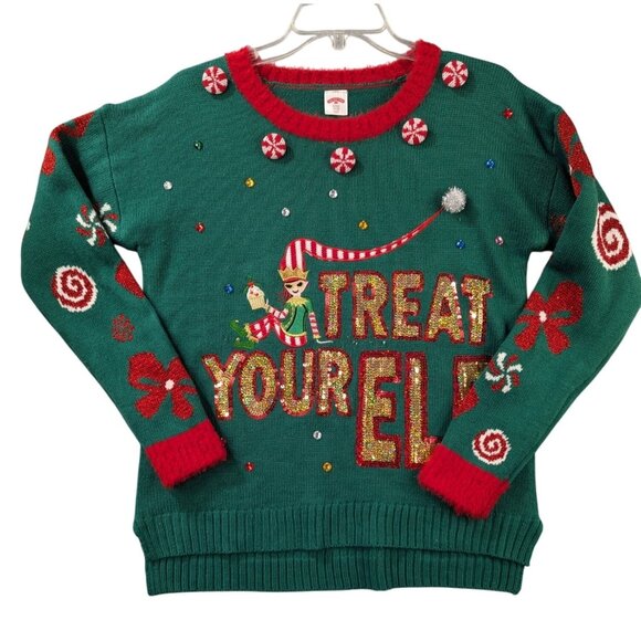 Ugly Christmas Sweater "Treat Your Elf" Size S With Festive Design & Sequins - Picture 1 of 7